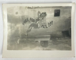 WWII B-24 Bomber Snapshot Photo “Free for All!!!” Nose Art Pin-Up Plane 1940s - Picture 1 of 11