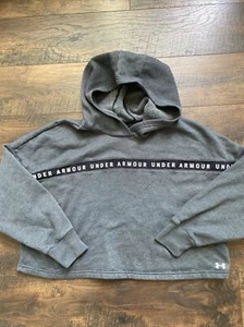 Under Armour Women's Small S Cropped Fleece Hoodie Spellout Logo Gray Loose A8 - Picture 1 of 6