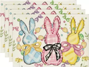Bunny Rabbits Eggs Easter Placemats Set of 4, 12X18 Inch Floral Bow Seasonal Spr - Picture 1 of 12