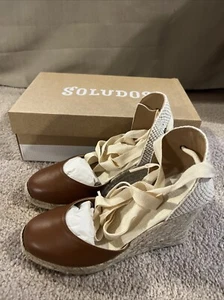 Soludos Marseille Wedge Espadrilles Closed-Toe Laceup Heel Cognac Leather 6 - Picture 1 of 9