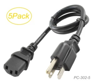 5er-Pack 2 Fuß 3-Leiter, 18 AWG, NEMA 5-15P zu IEC C13 AC Stromkabel, schwarz - Bild 1 von 1