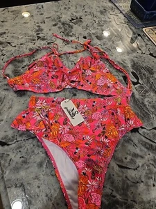 SPORLIKE Two Piece Swimsuit Womens Small Ruffle Top High Ruffles! Bright NWT - Picture 1 of 8