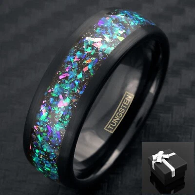 8mm Black Tungsten Celestial Galaxy Crushed Opal Men's Wedding Band Ring - Image 1 of 4