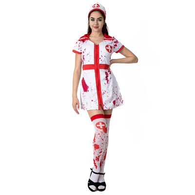 LADIES BLOODY NURSE HALLOWEEN FANCY DRESS COSTUME PLUS HAT BLOOD STAINED OUTFIT - Image 1 of 4