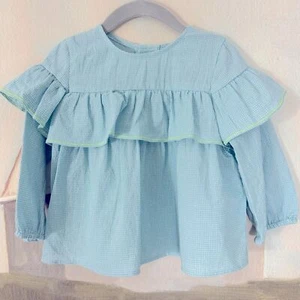 ZARA Baby NWT Blue And White Pin Check Plain Green Stitching Blouse Size 18-24M - Picture 1 of 5