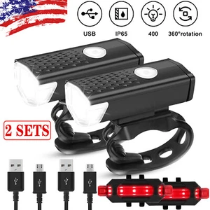 2 Sets USB Rechargeable LED Bicycle Headlight Bike Front Rear Lamp Cycling Light - Picture 1 of 12