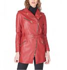 Leather Coat Jacket Blazer Long Womens Size Women Red Biker Ladies Trench  20