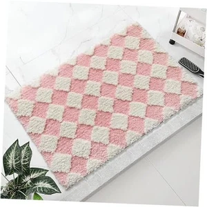 Pink Bathroom Rug Cute Checkered Bath Mat for Bathroom Soft Super Absorbent - Picture 1 of 7