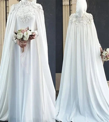 Muslim Wedding Dresses Caped Florals Lace Castle Bridal Gowns LongSleeve Chiffon - Image 1 of 4