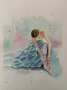 Hand painted Watercolor 11" x 14" Arches paper Ballet Dancer Blue dress - Picture 1 of 2