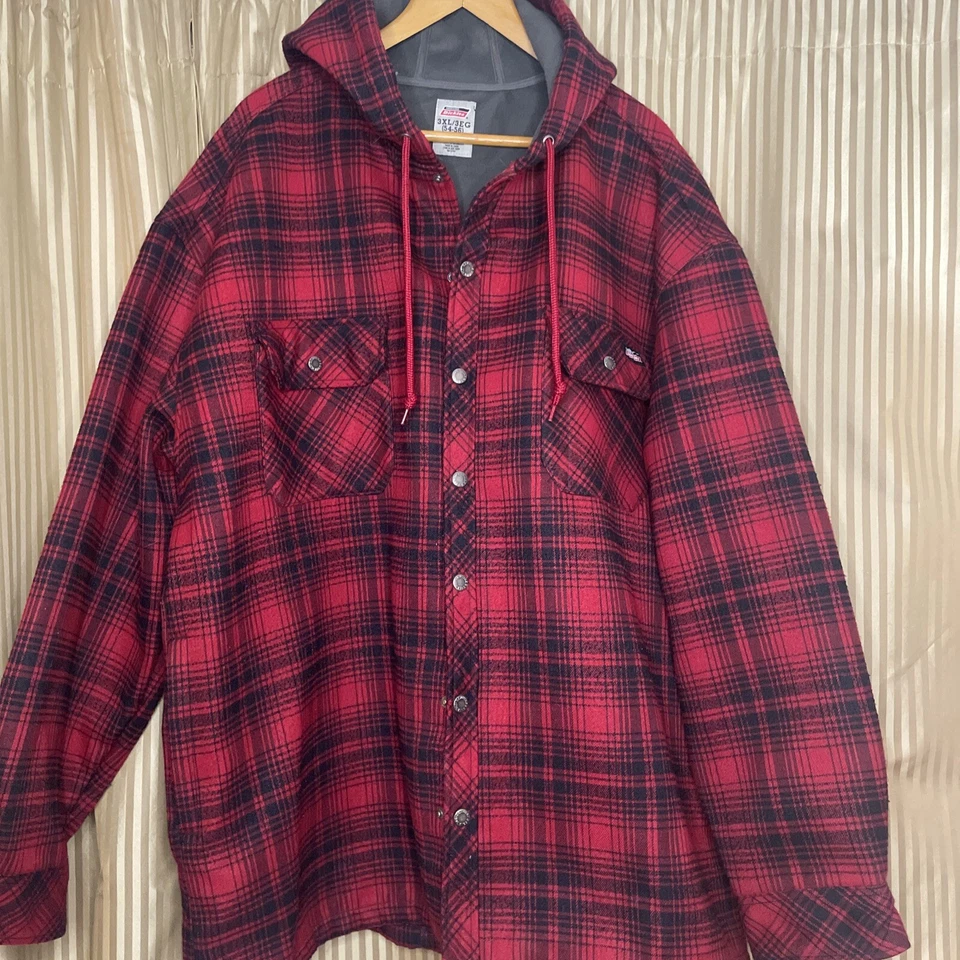 Dickies Men's Hooded Snap Up Jacket Red Black 3XL 54-56 Plaid Buffalo Polyester - Image 1 of 4