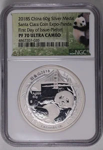 2018-S-China Panda 60g Piefort Santa Clara Coin Expo- NGC PF-70 UC FIRST DAY - Picture 1 of 4