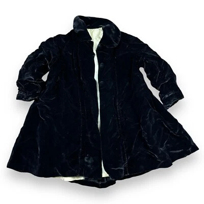 Vtg Kid's Black Velvet Lined Opera Coat Toddler Gathered Sleeve 34” Chest - Image 1 of 4