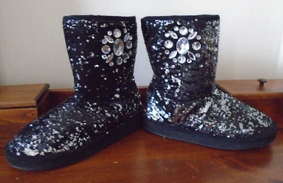JOAN BOYCE black sequin and  crystal winter boots with faux fur lining - Image 1 of 4