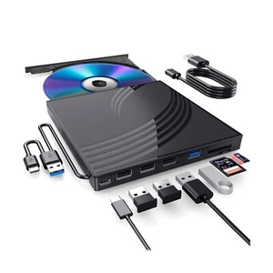 External CD/DVD Drive for Laptop, Ultra Slim CD Burner USB 3.0 Hub with 4 USB... - Picture 1 of 7