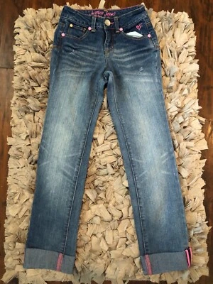 justice girls size 8R denim cuffed jeans with pink stitching - Image 1 of 4