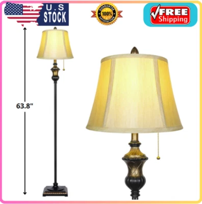 Traditional Floor Lamp Classic Standing Lamp with Bronze Fabric Shade Vintage - Image 1 of 4