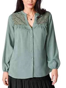 Blusa Top Blancheport Nueva con Etiquetas Verde Claro Satinado Crochet Manga Larga - Imagen 1 de 5