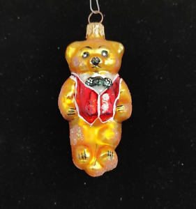 Christmas VTG Glass 3.5" Teddy Bear Red Vest Hanging Ornament