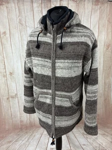 Loud Elephant Mens XL Wool Hooded Jacket Fleece Lined Cardigan Hoodie Knit Nepal - Picture 1 of 24