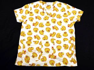 All Heart Rubber Duck Scrub Top Yellow Red White Ducks Nursing Uniform Medium M - Picture 1 of 4