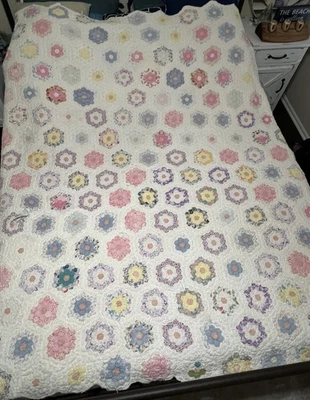 Vintage 30s Cottage Grandmother Flower Garden Quilt Hand Quilted Floursack 70x73 - Image 1 of 4
