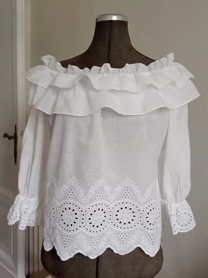 Zara Carmen Ausschnitt Bluse Weiß Rüschen Lochstickerei - Bild 1 von 4
