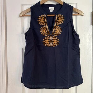 J Crew Navy Blue Embroidered Bib Sleeveless Linen Blend Top - Size 00 - Picture 1 of 3