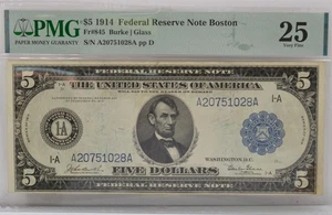 1914 $5 Federal Reserve Note Boston Fr#845 PMG 25 Very Fine - Picture 1 of 2