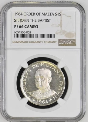 Near-Top Grade 1964 Knights of Malta MS66 CAMEO 1S Silver Coin, Extremely Rare - Image 1 of 4