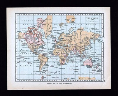 Antiguo Mapa Mundo 1897 Posesiones Británicas Sudáfrica Australia Canadá India Foto 1 de 3