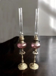 Antique Cranberry Glass Kerosene Table Lamps pair - Picture 1 of 13