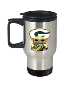 Green Bay PACKERS Fan Gift Cute Yoda PACKERS Coffee Travel Mug Christmas Gift - Picture 1 of 2