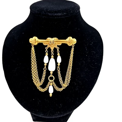 Anne Klein золотистый слиток брошь цепочка стекла слезоточивый бусины заколка винтажный 2,25 дюйма - Изображение 1 из 4