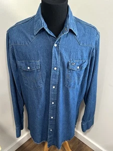 Vintage Wrangler Pearl Snap Western Denim Shirt Mens 17.5 Tall Raw Hem Blue - Picture 1 of 6