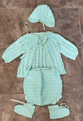 Cradle Knit Infant Baby Sweater Hat Bootie Set Teal Green Vintage New @195 - Image 1 of 4