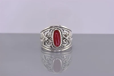 Anillo de plata esterlina rojo ovalado coral calado pluma banda cónica 925 talla: 8 Foto 1 de 4