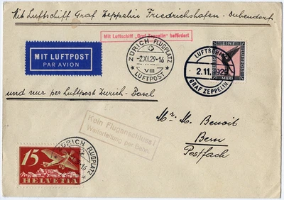 Zeppelin 1929 Dt. Reich Dübendorf Bordpost MiF Schweiz Flugpost Bern Si 45/ 2481 - Bild 1 von 2