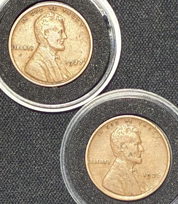 Lincoln Wheat Pennies 1926 p 1927 p THE EXACT COINS SEEN IN THE PICTURE 2 pc Set - Image 1 of 4