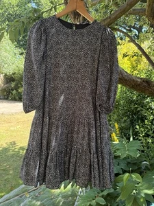 ZARA UK 12 Drop Waist Dress Black White Dots 3/4 Sleeve Elasticated Cuffs Lined - Picture 1 of 14