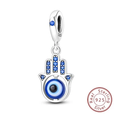 MULA Frauen 925 Sterling Silber Charm Blau CZ Palm Drehendes Auge Für Armband - Bild 1 von 4