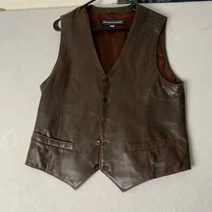 The Tannery West Biker Vest Mens 40 Brown Genuine Leather V Neck Button Front - Picture 1 of 6