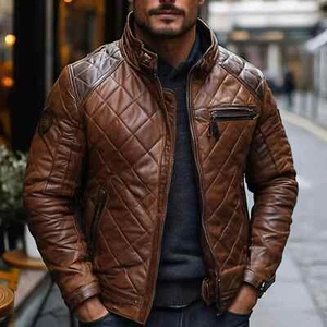 Men's Brown Distressed Genuine Leather Lambskin Quilted Down Jacket - Picture 1 of 4
