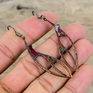 Pink Tourmaline Rough Gemstone Copper Drop Dangle Electroformed Earrings Jewelry - Picture 1 of 6