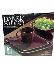 16 PC DANSK Studio COLOR LOGIC STONEWARE DINNERWARE SET RASBERRY W/ BROWN TRIM - Picture 1 of 6
