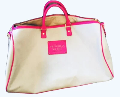 VICTORIA SECRET WEEKENDER TRAVEL DUFFLE GYM HANDBAG IVORY CANVAS PINK TRIM ZIP - Image 1 of 4