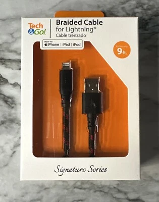 Tech & Go 9ft USB Braided Charge Cable for iPhone iPad iPod - NEW-Black & Red - Image 1 of 2