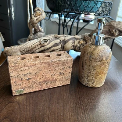 WATERSTONE Travertino Mármol Piedra Juego de Baño Dispensador de Jabón Soporte para Cepillo de Dientes Foto 1 de 4