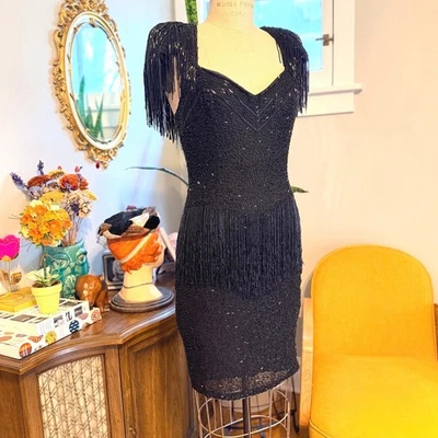 Vestido de Cóctel Lillie Rubin Vintage Años 80 Negro Con Cuentas Flecos Adornado Talla 10 Foto 1 de 4