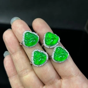 1 Stück zertifizierte natürliche eisgrüne burmesische Jade Jadeit Buddha Amulett Ringe - Bild 1 von 13